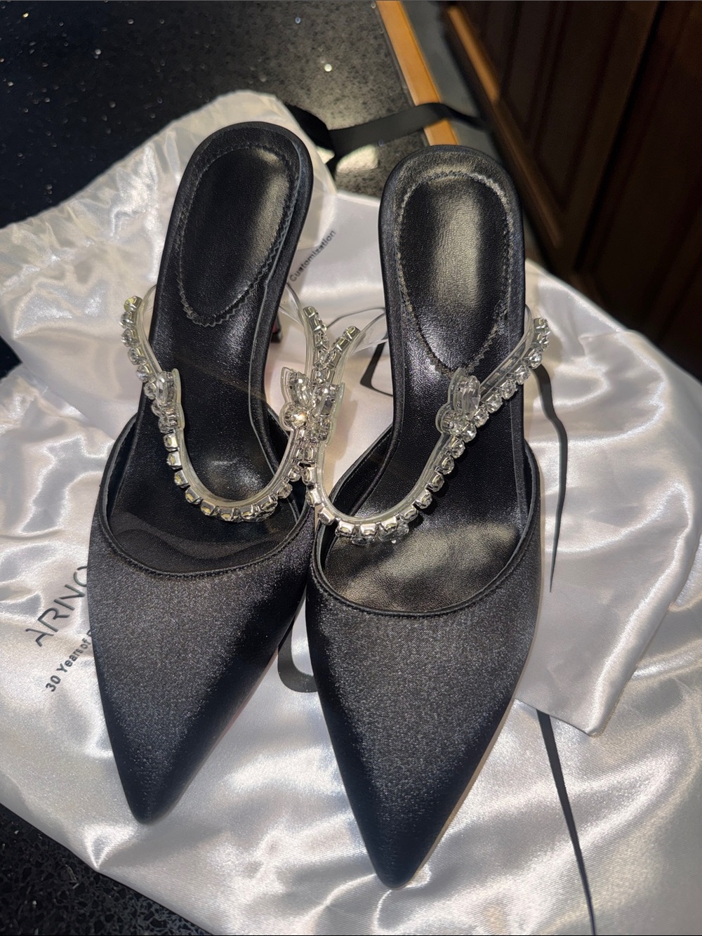 Arnoconti Black Satin Pointed Toe Heels with Crystal Strap, red bottoms